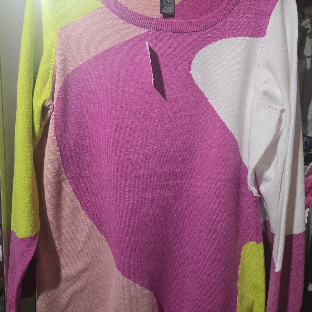 Ashley Stewart Pink, White, Yellow Abstract Crewneck Lightweight Sweater NWT